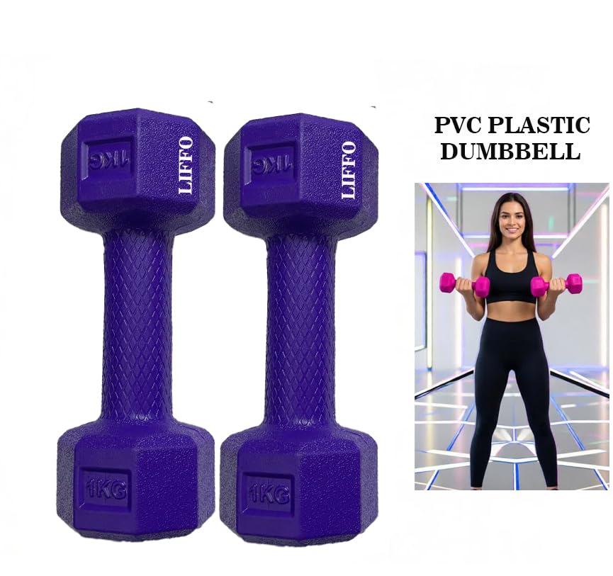 Image of Liffo Dumbbell 1Kg Pair Hexa PVC Dumbbells Set For Home Gym, Exercise & Fitness Dumbbell (Purple) Fixed Weight Dumbbell Home And Gym Use (1Kg X 2PCS)