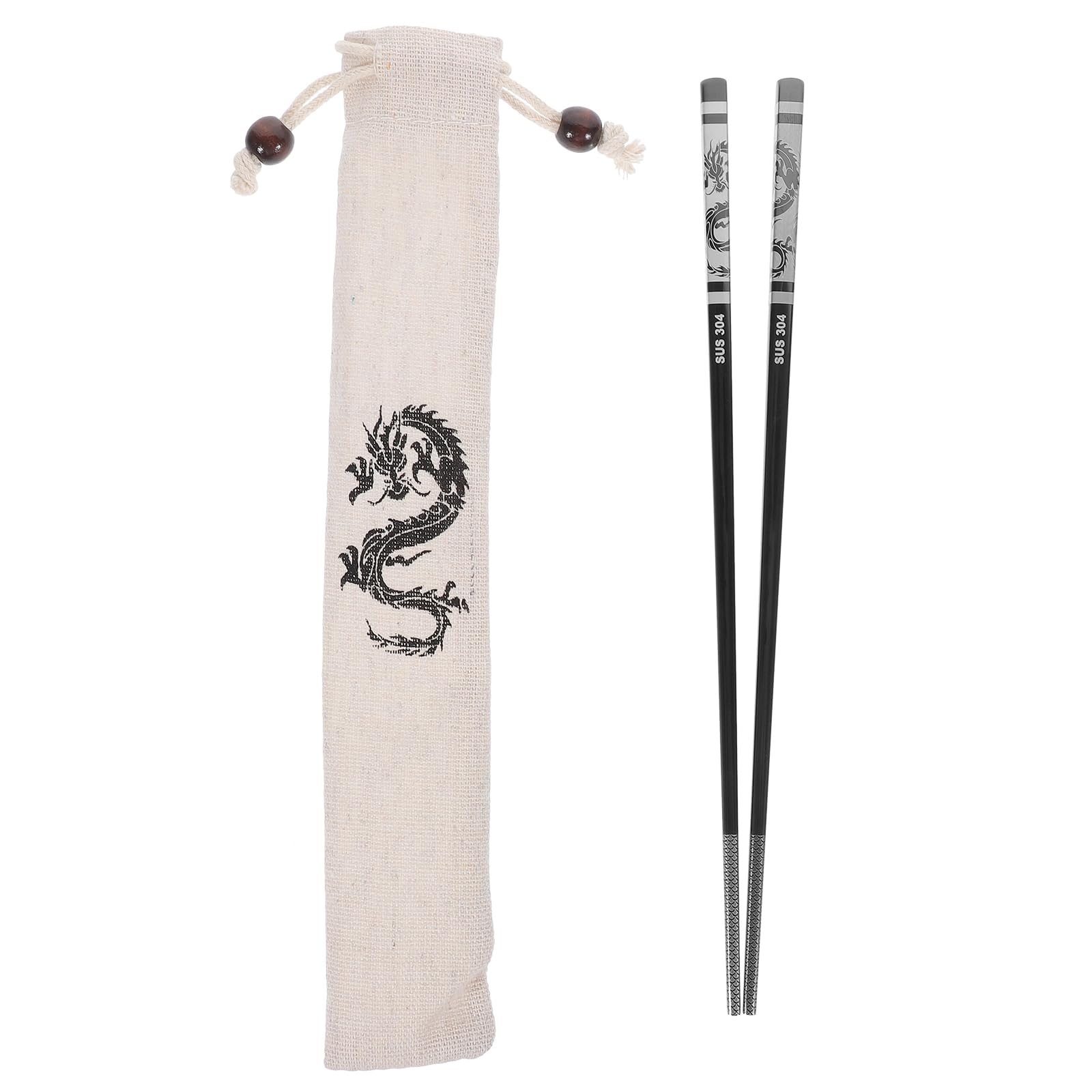 LOGOFUN Dragon Chopsticks Chinese Style Stainless Steel Chopsticks Metal Anti-skid Chopsticks with Dragon Pattern Drawstring Pocket for Home Kitchen Supplies - Black, 23.5CM