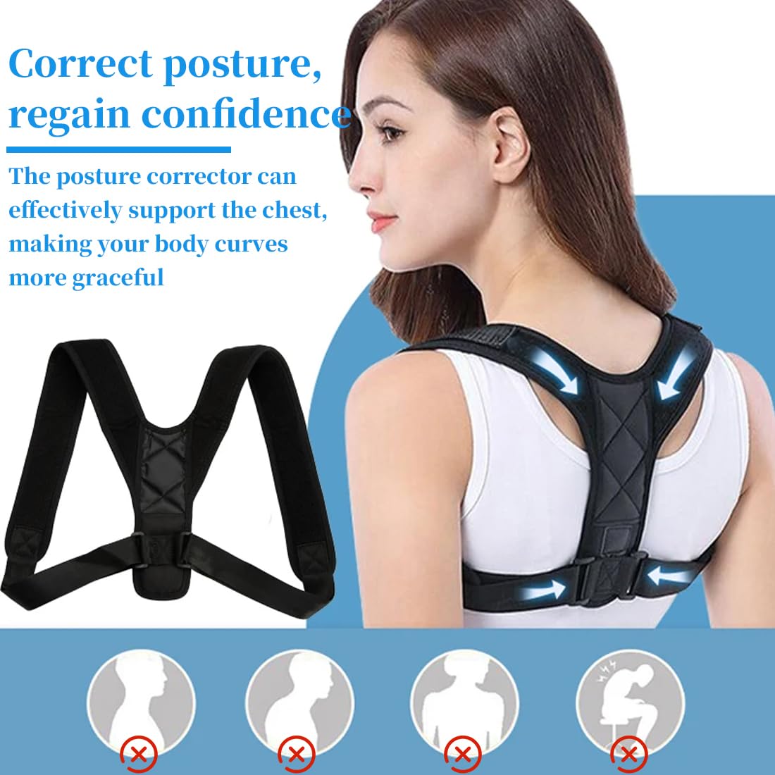 QEXUJOW Supporti per spalle,1 Correttore posturale regolabile per spalle e schiena, nero, spallacci regolabili, supporto per la schiena, stabilizzatore per la schiena, unisex - 5