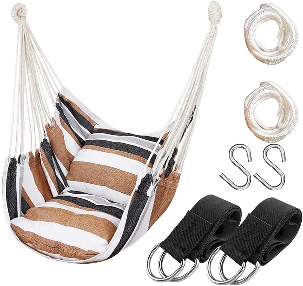 Hammock Chair Hanging Rope Swing Seat for Indoor Outdoor, Sturdy Cotton Weave Hammock Swing, Max 300Lbs Hanging Hammock Chair for Bedroom Patio Porch (Wooden Bar and Pillows NOT Included, Khaki)