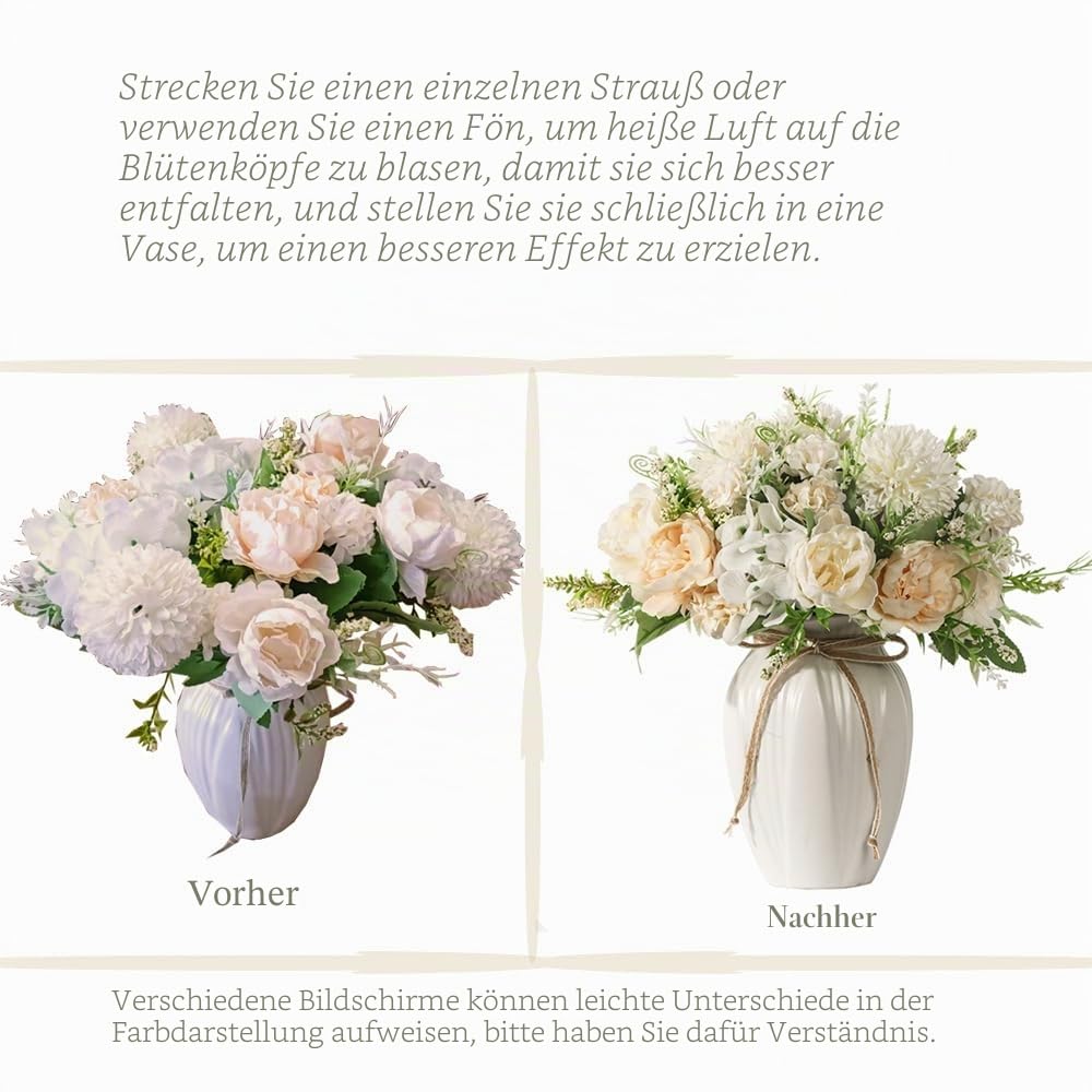 Pfingstrosen künstliche Blumen in Vase, künstliche Hortensien, Seide, Pfingstrosen, Blumenstrauß mit Vase, künstliche Blumen, Arrangement, Dekoration, Heimtisch, Esszimmer (weiß)