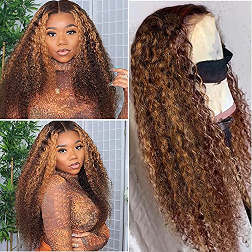Highlight Lace Front Human Hair Wig #2P30 Blonde to Brown Brazilian Remy Hair Long Curly Hair Lace Front Wig Pre Plucked with Baby Hair for Women 24” 150% Density Water Wave Ombre Wigs