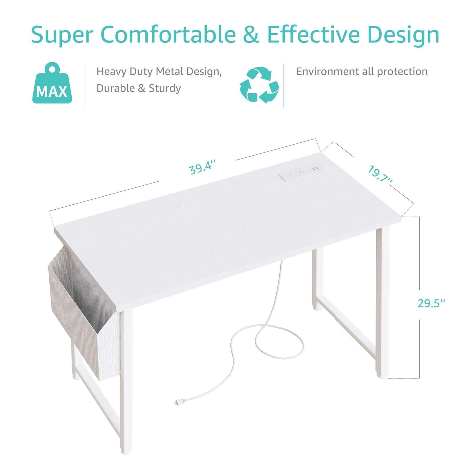 Lufeiya 39 inch White Computer Desk with Power Outlet, 40 inch Teen Study Table Home Office Work Writing Desks with Charging Station Outlets Built in, White
