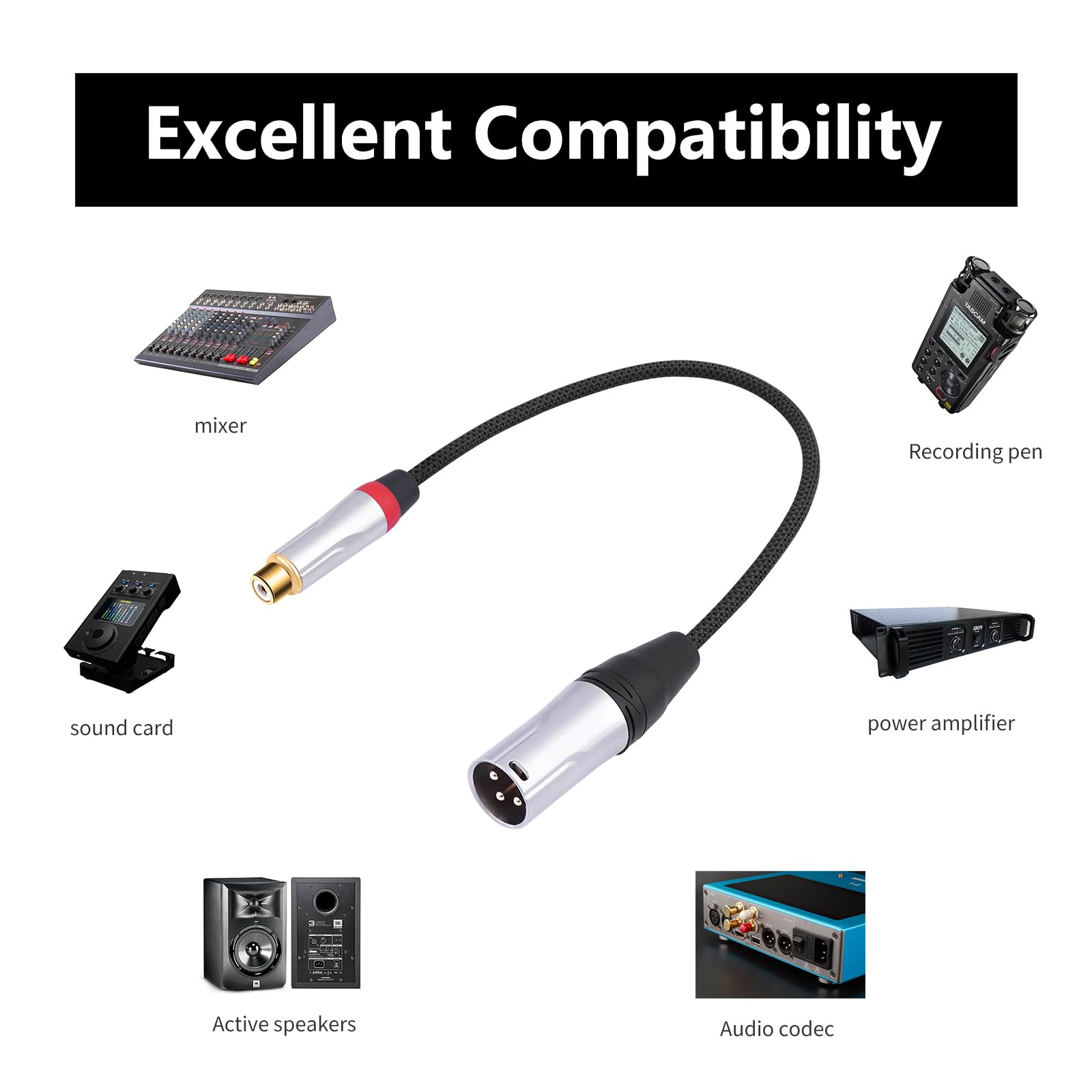 2 x kabel audio RCA żeński na 3-pinowy męski kabel audio; balans XLR męski na RCA żeński niesymetryczny, mikser, wzmacniacz mocy, kabel odtwarzacza audio