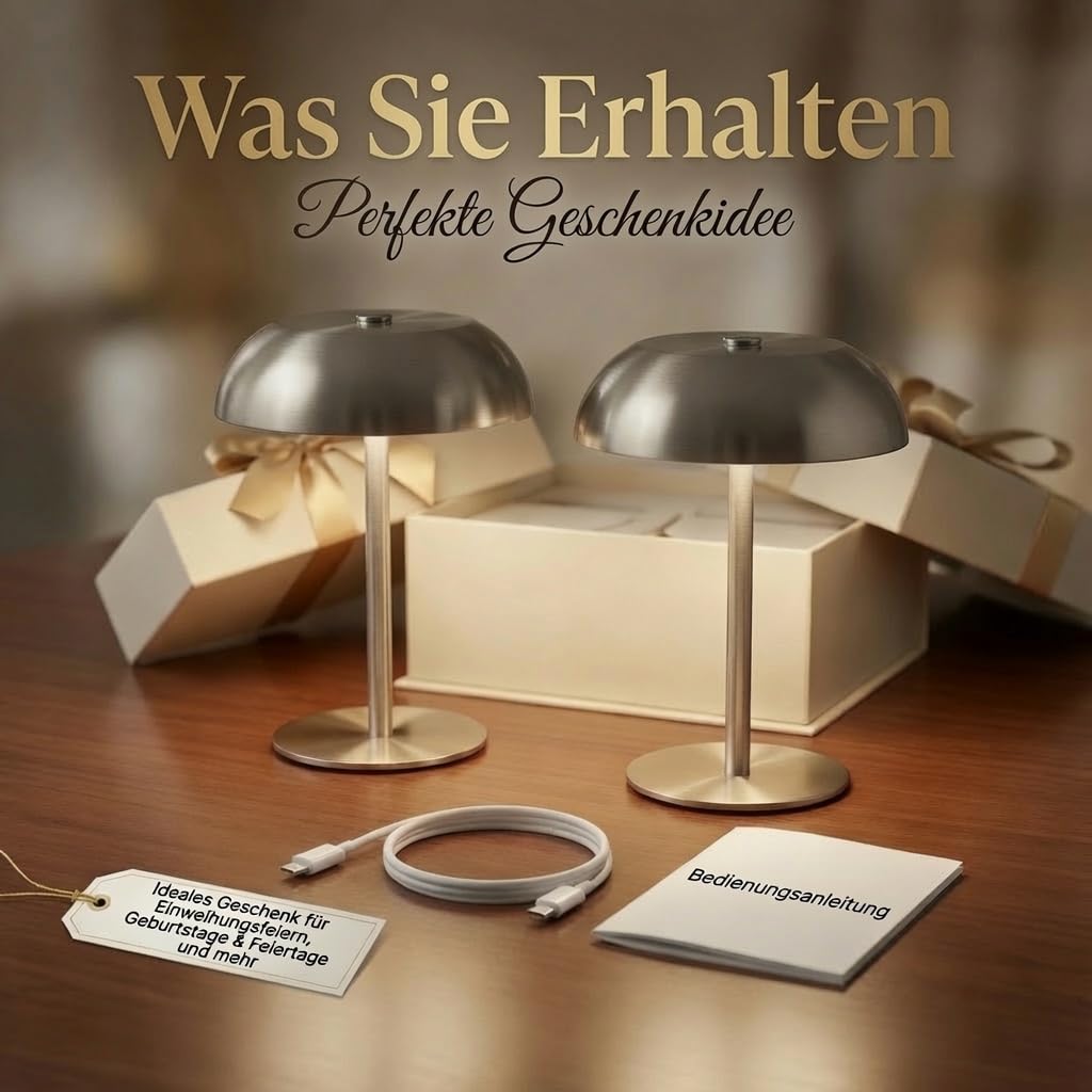 2er Set LED Pilz Tischlampe Metall, 3 Farben Stufenlos Dimmbar - Touch Nachttischlampe Tragbar für Schlafzimmer, Restaurant, Bar, Garten, Sliver