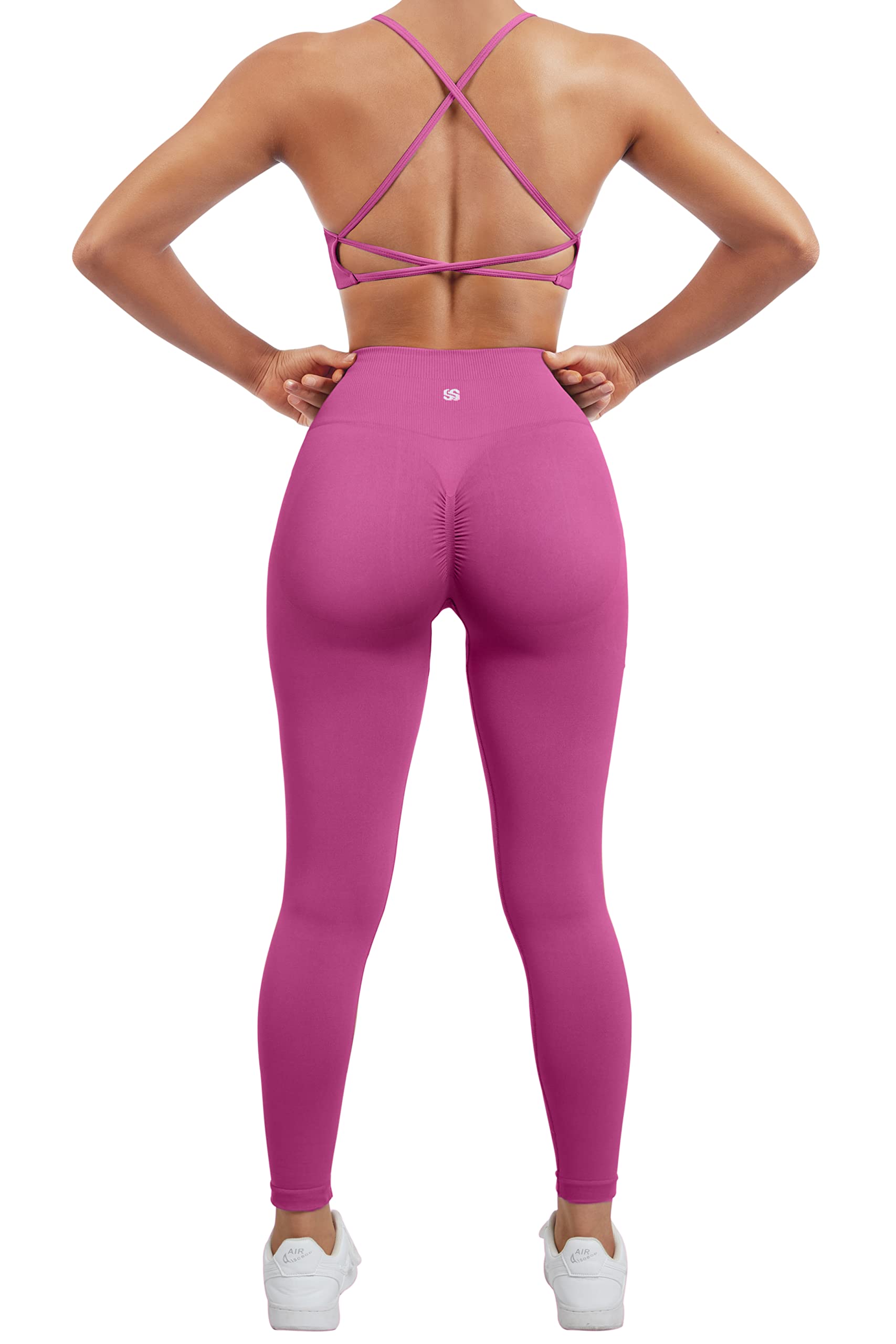 SUUKSESS Women Seamless Workout Sets Strappy Sports Bra High Waist Booty Leggings Outfits