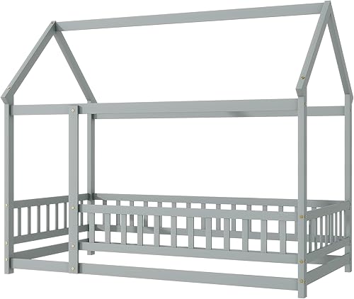 Miniatura 5 de Bellemave Cama Montessori de madera para niños, cama Montessori de madera con rieles, camas Montessori con techo sin listones, gris