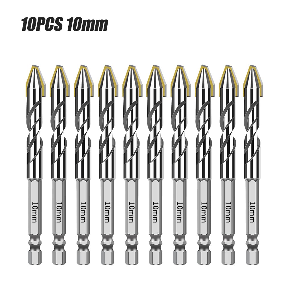 Juego de 1/10 brocas excéntricas vástago hexagonal for ladrillo, acero, azulejos, madera, vidrio, plástico, pared, espejo, mampostería y hormigón(10PCS 10mm)