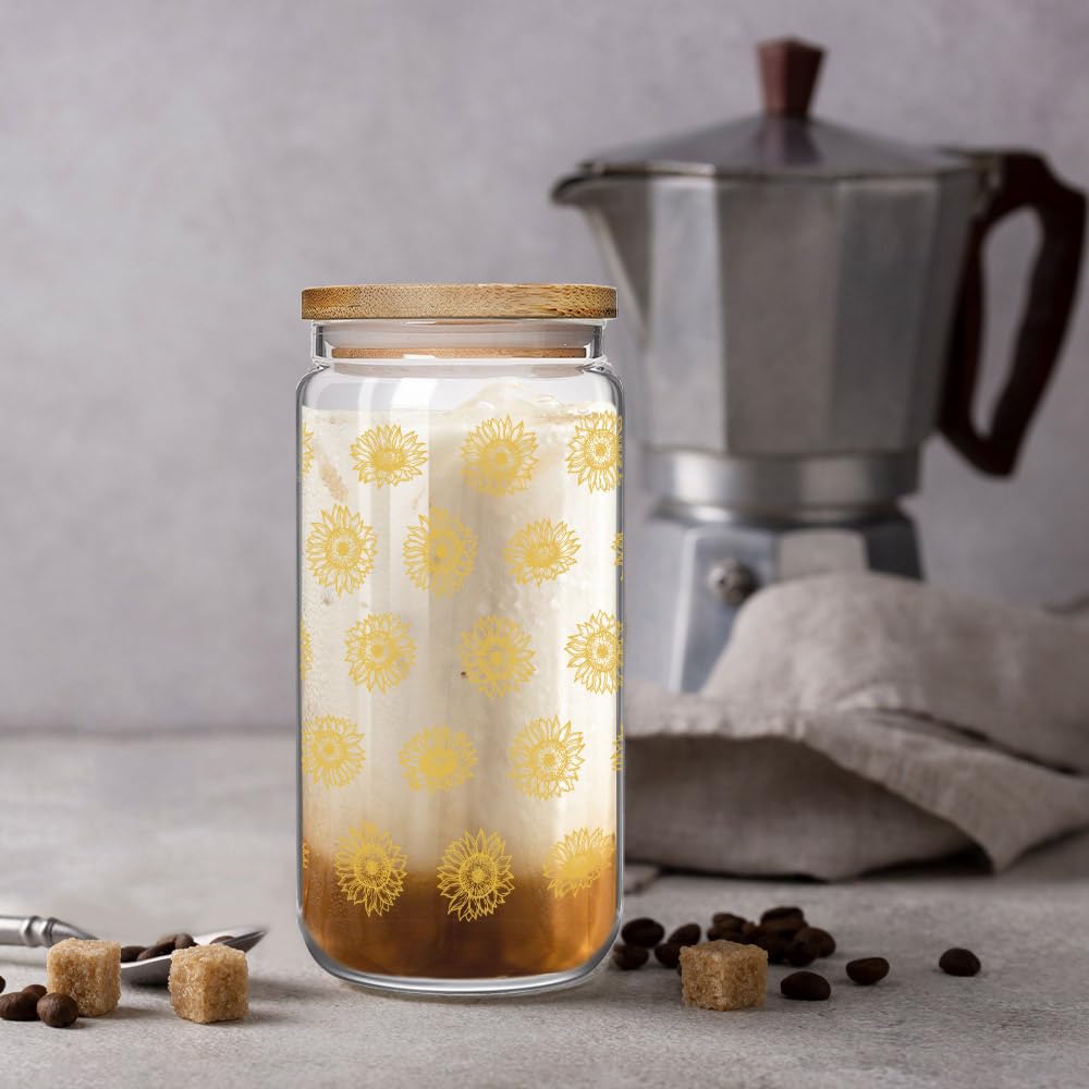 Enanaimg Sunflower Gifts for Women Sunflower Cup with Bamboo Lids and Straw, Cute Sunflowers Cup, Inspirational Sunshine Birthday Christmas Gifts for Mom Best Friend Bestie 16 oz Can Glass