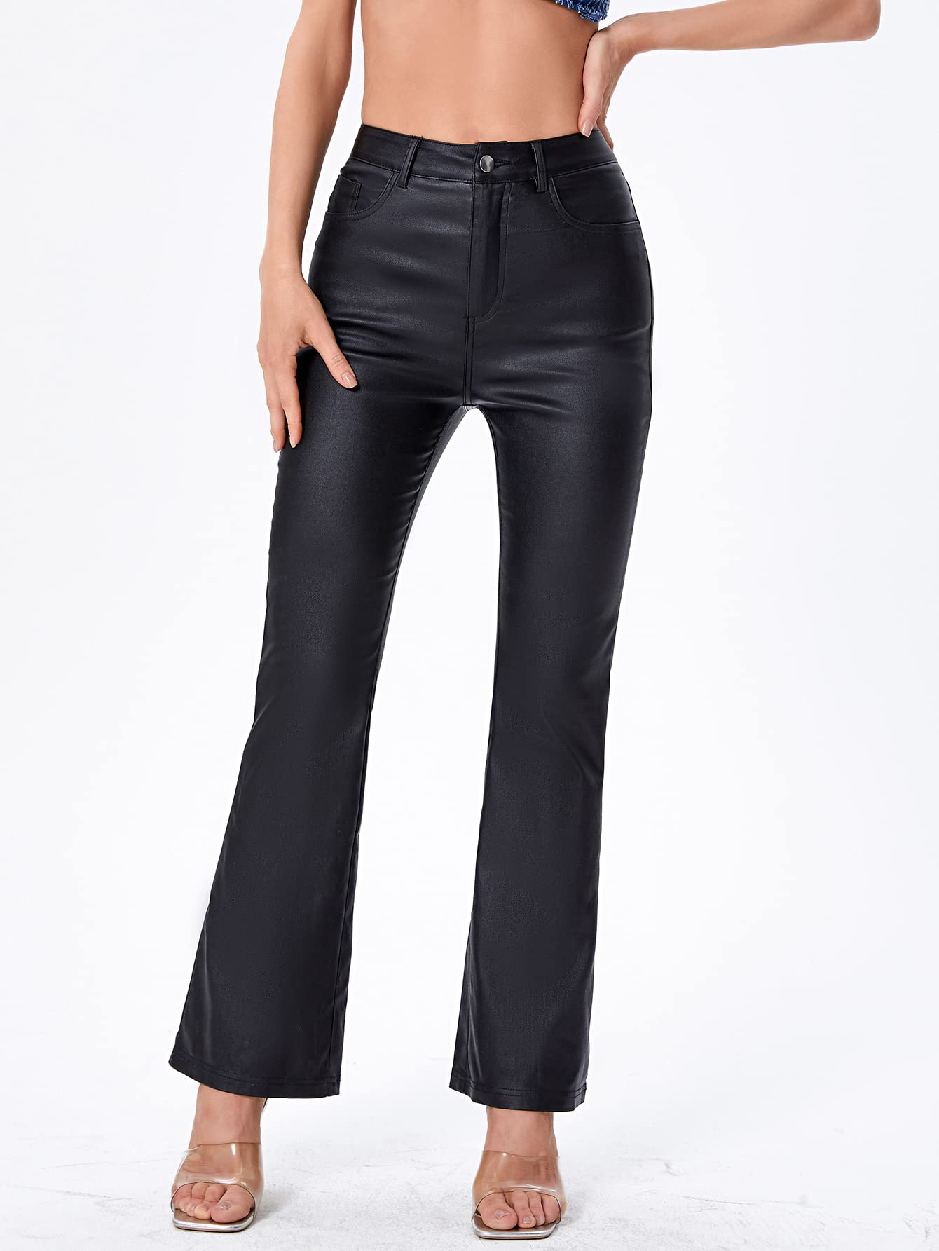MakeMeChic Women's High Waist Pockets Straight Leg Jeans Leather Look Pants