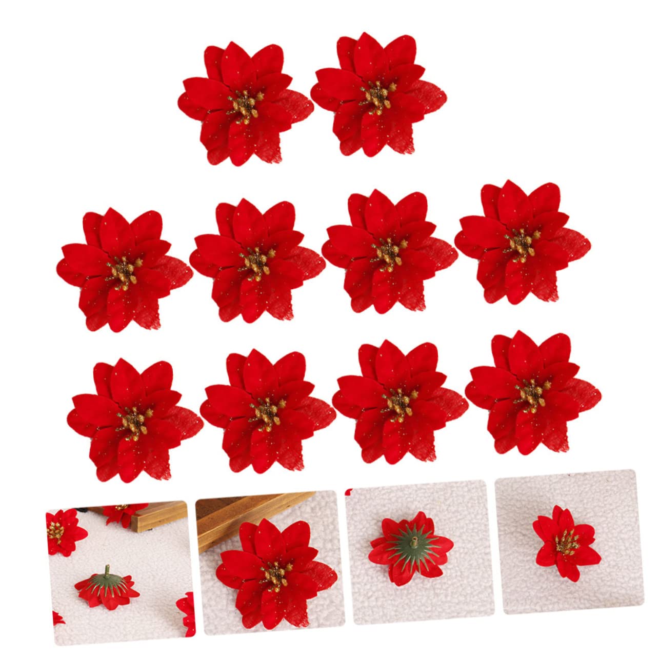HOMSFOU 40 Pcs Artificial Poinsettia Christmas Flowers, Red Glitter Xmas Tree Decorations - Image 3