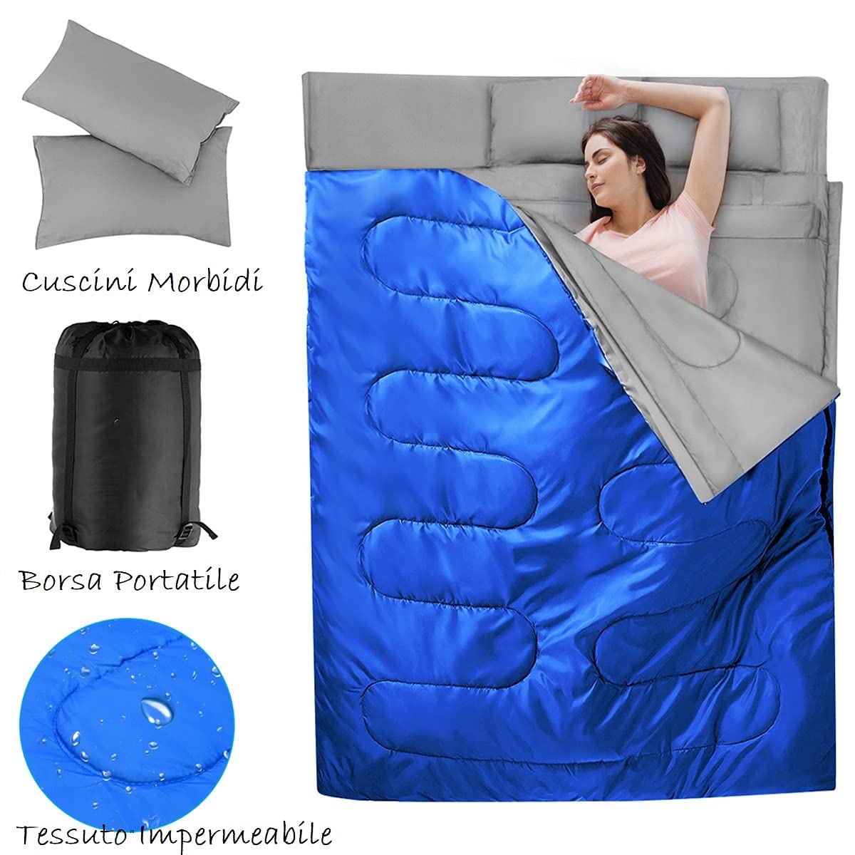 GYMAX Sacco a Pelo Matrimoniale Impermeabile, Sacco a Pelo Trasformabile in 2 Sacchi a Pelo Singoli con Cuscini, Ideale per Campeggio, Temperatura Applicabile tra 0°C e 15°C