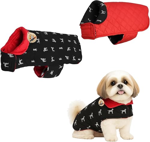 Reversible Dog Winter Coat | Polka Dots Design & Quilted Side | Waterproof & Warm Double-Sided Jacket | Adjustable Closure | Stylish Cold Weather Apparels (Dog Print, Small - 14inch)