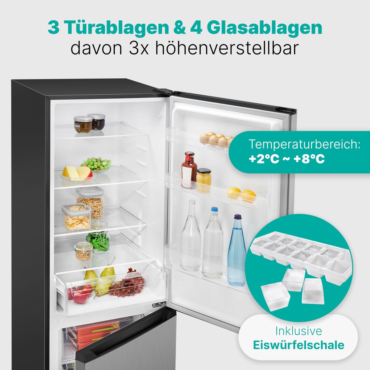 Bomann, Réfrigérateur et Congélateur 315L Inox KG7357-Inox, Réfrigérateur 219L, Congélateur 96L, Contrôle Température, Alarme Visuelle, 4 Clayettes en Verre, avec Éclairage LED, Pieds Réglables