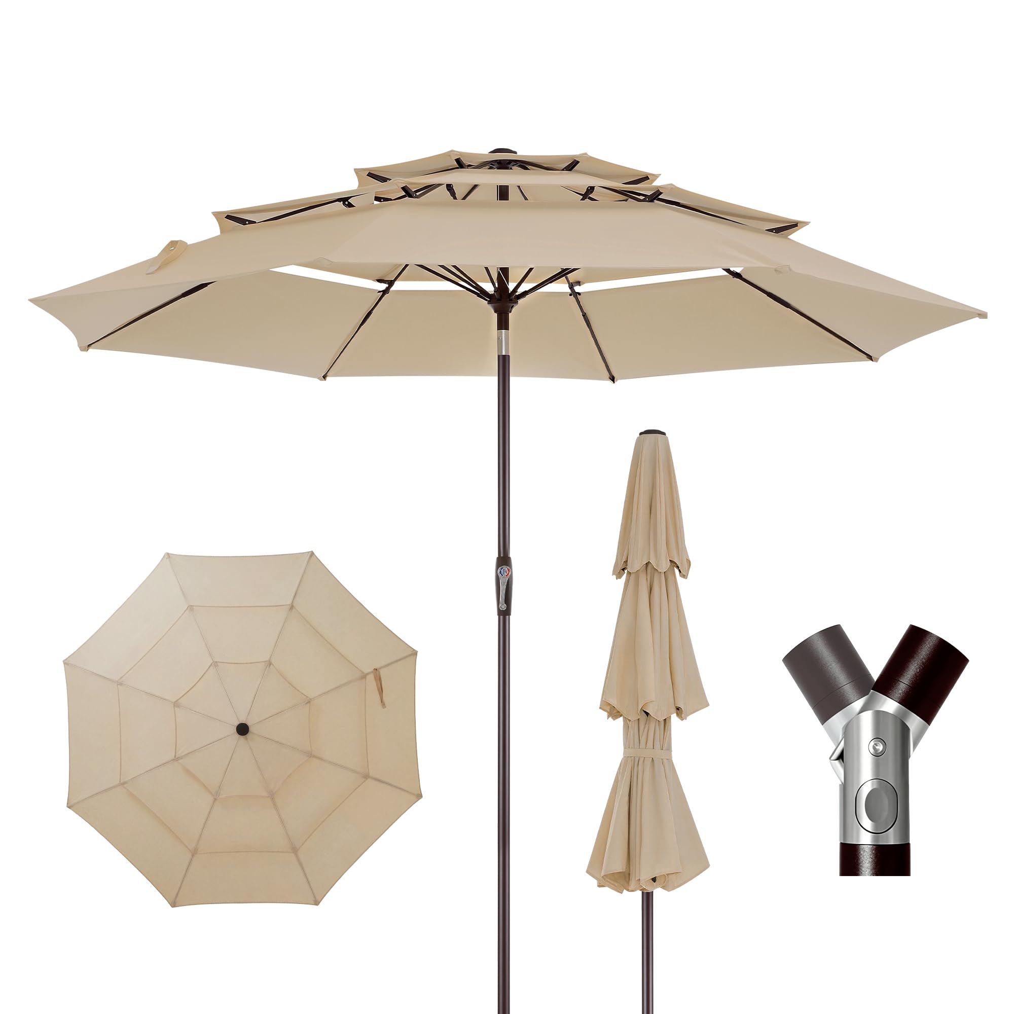 LUE BONA Ombrellone da Giardino 300 cm a 3 Livelli, Parasole Esterno con Inclinazione Regolabile e 8 Stecche in Vetroresina per Patio Piscina Terrazzo Mare