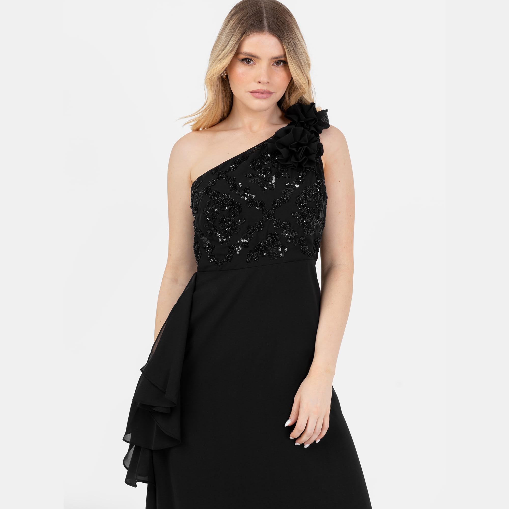 Maya Deluxe Women's Maxi Dress Ladies One Shoulder Necklline Sleeveless Sequin Embellished Rosette A-Line Evening Prom Ball Gown Vestito Donna