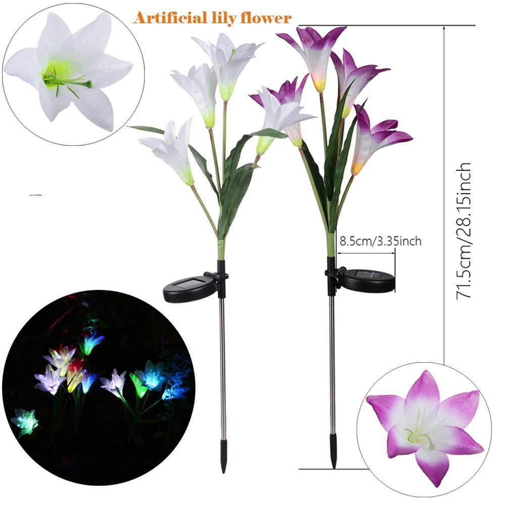 Doingart 2-Pack Solar Lily Flower Garden Stake Lights – Multi-Color Changing LEDs, 29 Inch, Purple & White