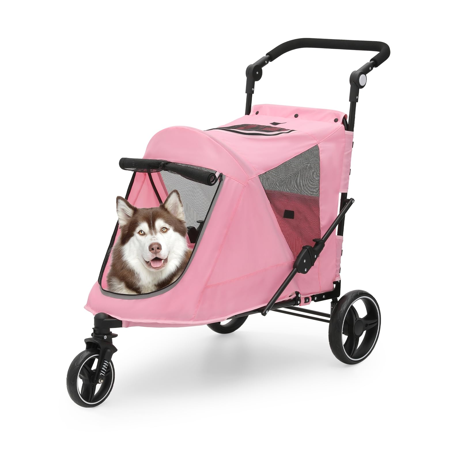 Athena Collection 3 Wheels Pet Stroller Fabric Dog Cart Dog Stroller for Large Dogs 55 Lbs Pet Stroller with Mesh Windows, Zipper Back Pocket, Safety Tether, Angle Adjustable Handlebar, Pink