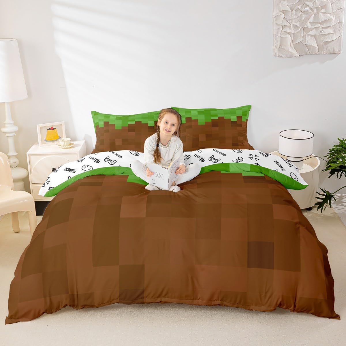 Homemissing Pixel Game Duvet Cover Single Size Green Brown Camo Bedding Set for Kids Cartoon Decor Comforter Cover Soft Lightweight Microfiber Bedroom Decor(No Stuffing) - Image 4