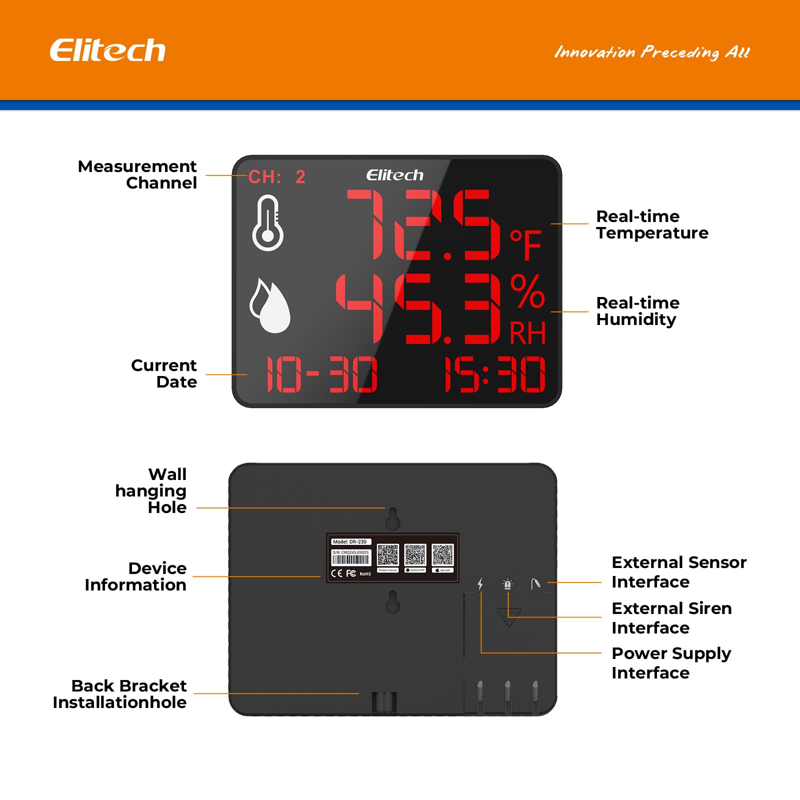 Elitech Termómetro higrómetro digital con doble sonda externa, 2 x 2 m, grabadora Bluetooth 30.000 puntos, gran pantalla para almacén, invernadero, laboratorio, DR-230-THDE