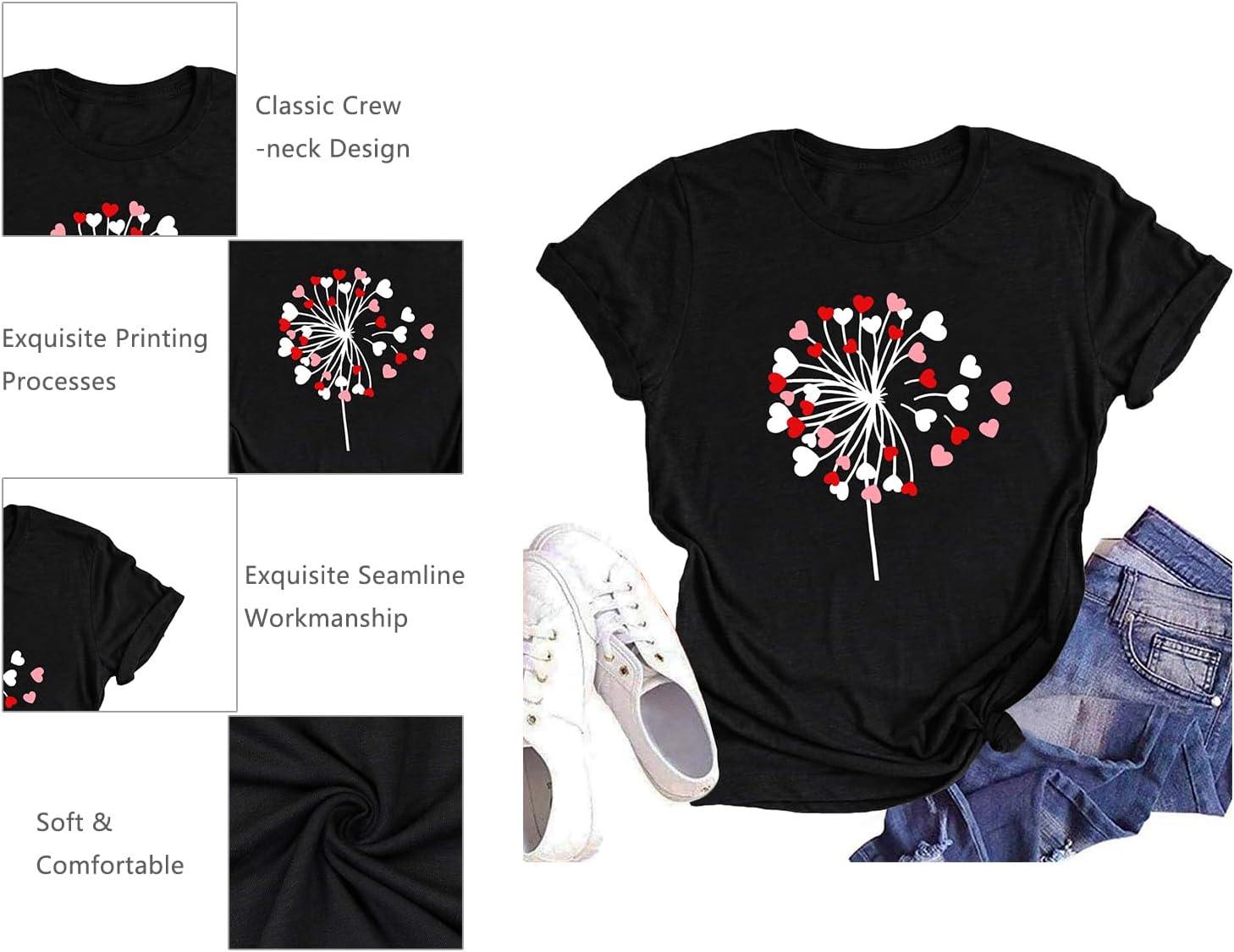 LHBNK Valentines Shirts for Womens Dandelion Tops Funny Love Heart Printed Tees Casual Valentine Gifts Clothes - Image 5