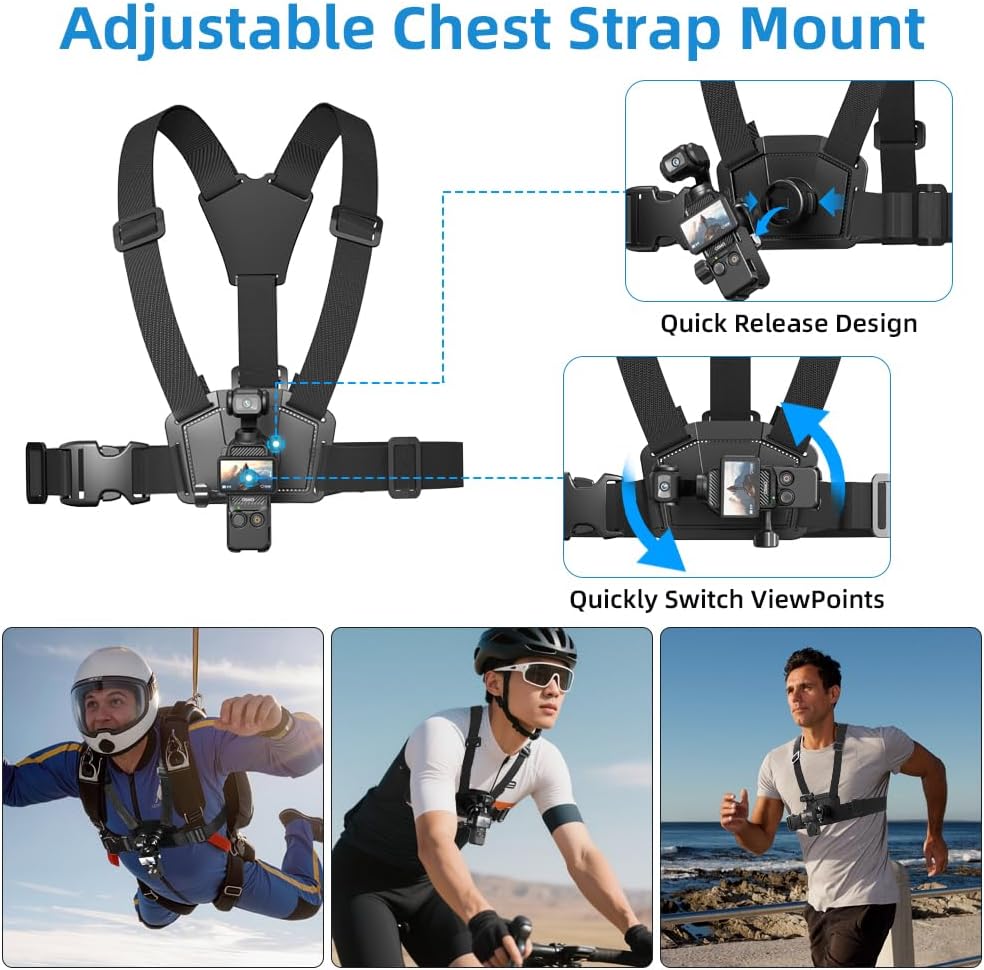 SUREWO 4 in 1 DJI Osmo Pocket 3 Accessories Kit,Quick Release Chest Mount Harness/Quick Release Head Strap Mount/ 360°Rotating Wrist Strap/Quick Clip Mount with Expansion Adapter (Set 1)