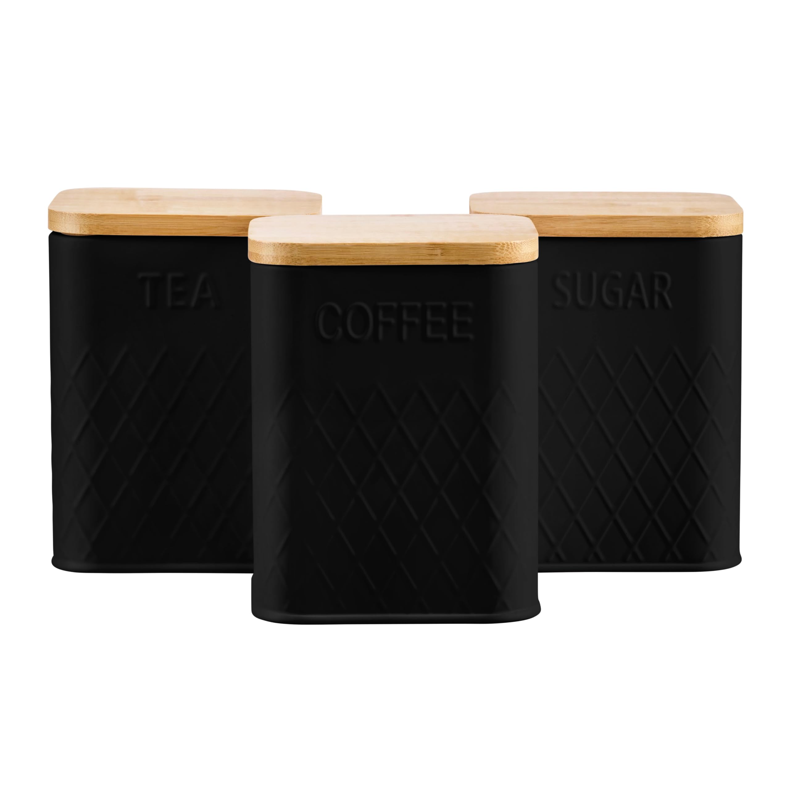 Cooks Professional 3 Piece Tea, Coffee & Sugar Square Cannister Set with Bamboo Lids | Diamond Pattern Labelled Stainless Steel Kitchen Storage Bins Airtight Containers | Black โ image 1