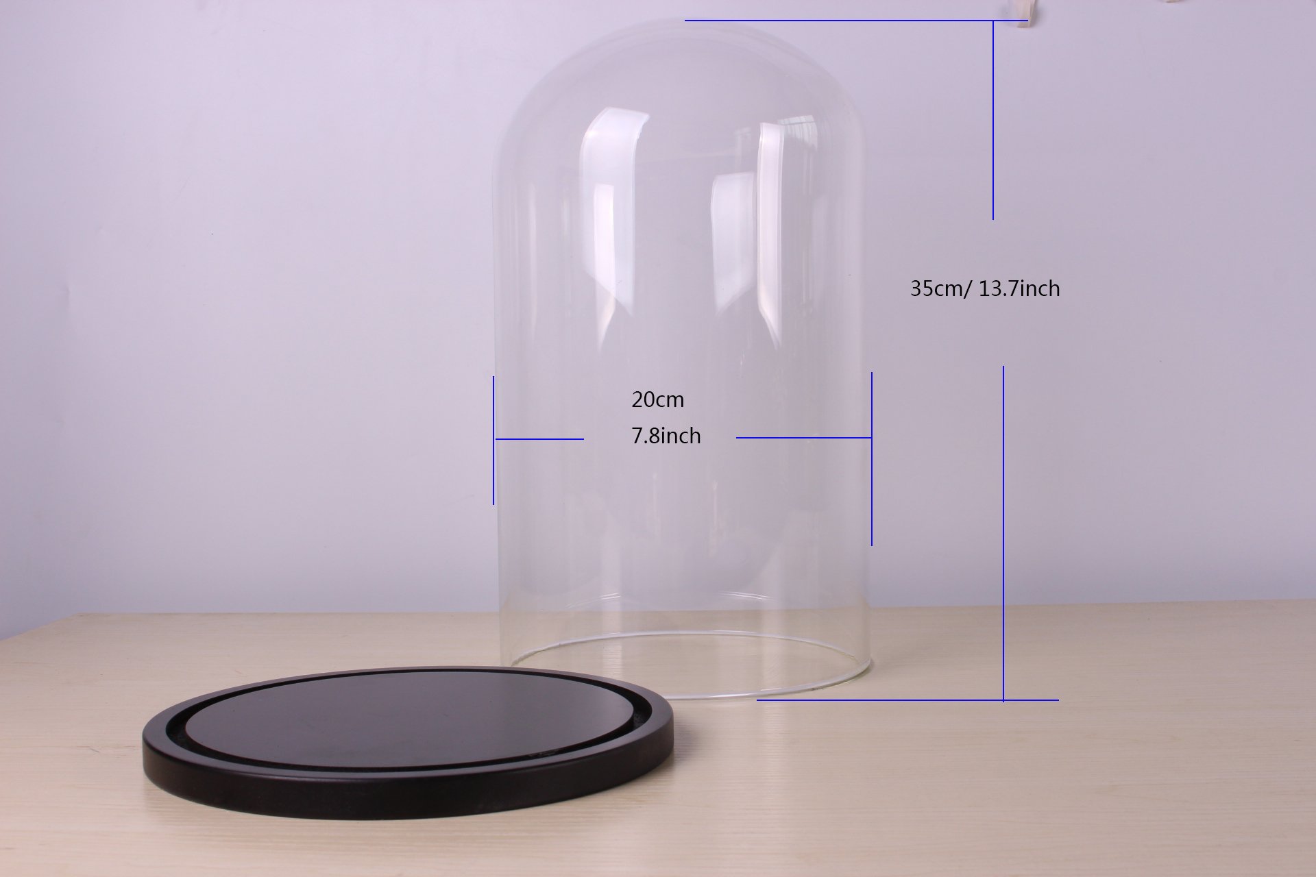 Expositor de cúpula de cristal con base de madera, base negra, vitrina para decoración del hogar, plantas y coleccionables, 20 cm x 35 cm, protección elegante para tus artículos