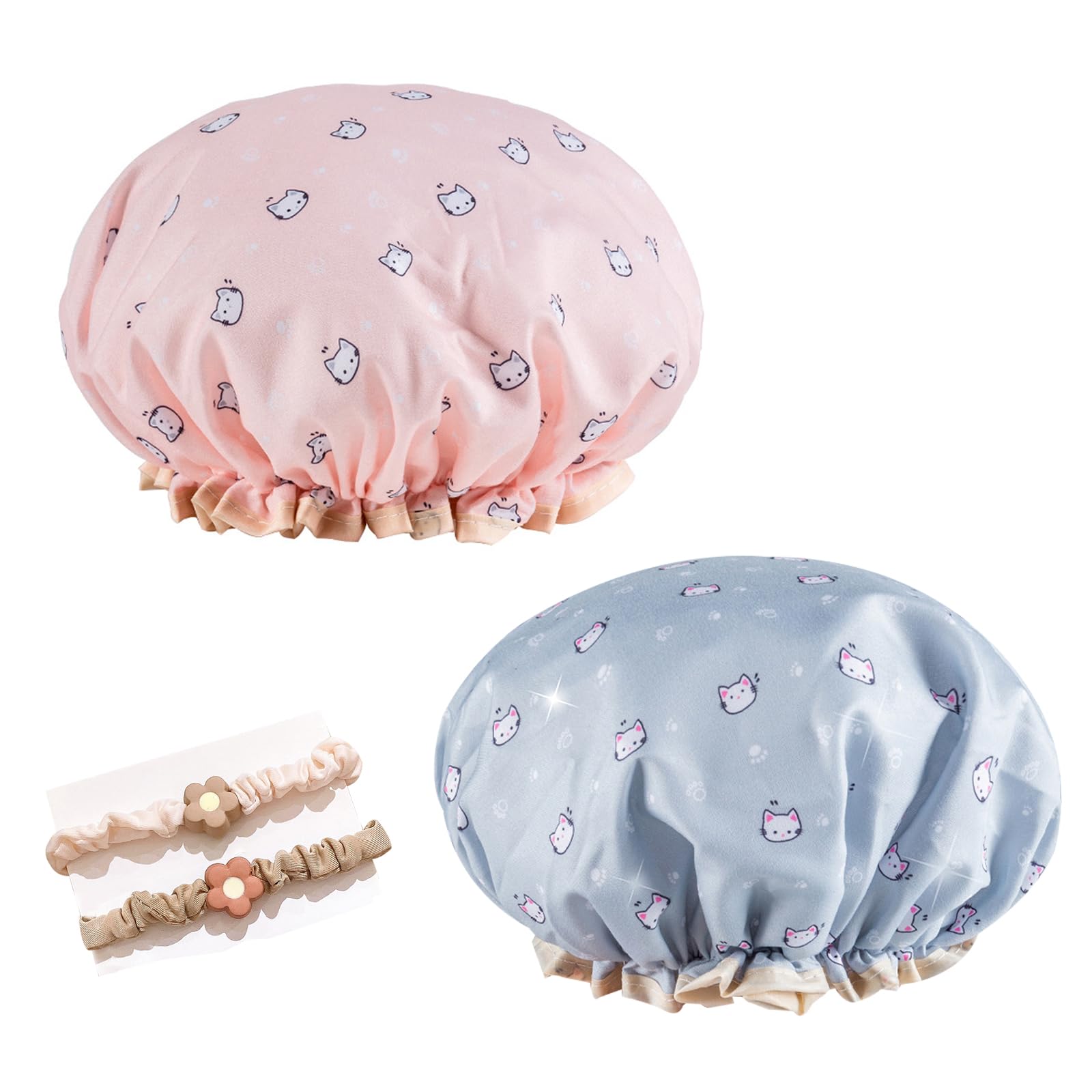 DHWEKU Gorro De Ducha EláStico De 2 Piezas, Gorro De Ducha De Doble Capa Para NiñAs, Mujeres, Gorro De Ducha Reutilizable, Apto Para Ducha, Spa, Balneario,con 2 cintas para el cabello(azul, rosa)