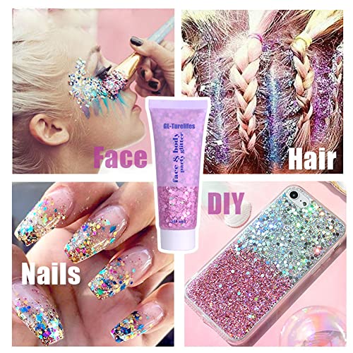 Body Glitter Gel, Mardi Gras Face Paint Make-up für Kinder Frauen, Mermaid Gesicht Glitter zum Laufen, funkelnde Chunky Squins for Haar Nail, Sänger Konzert Festival Rave Zubehör(#05 Silber)