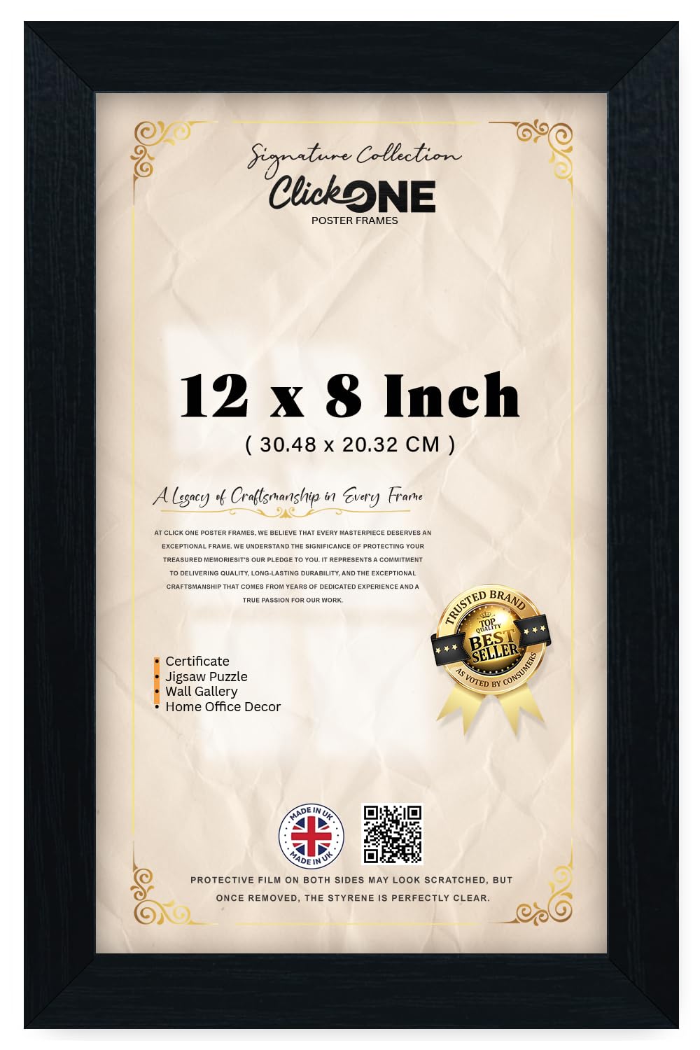 Click One Modern 12 X 8 Inch Poster Frame With Perspex Front For Paintings And Photographs Versatile Vertical And Horizontal Display 30.48 X 20.32 CM Black Sleek Wall Mount Hanging Ready