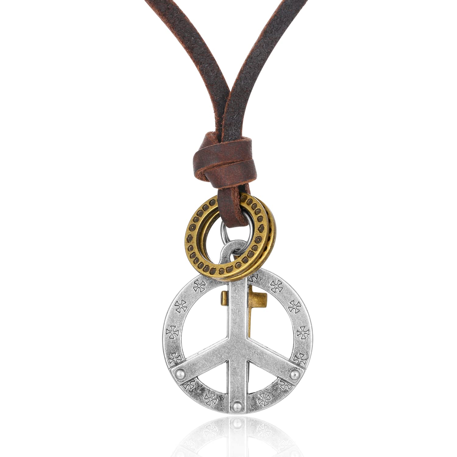 BIYONGDE Vintage Anti-war Peace Sign Pendant Necklace, Adjustable Brown Leather, Mens Womens, Tribal Ethnic