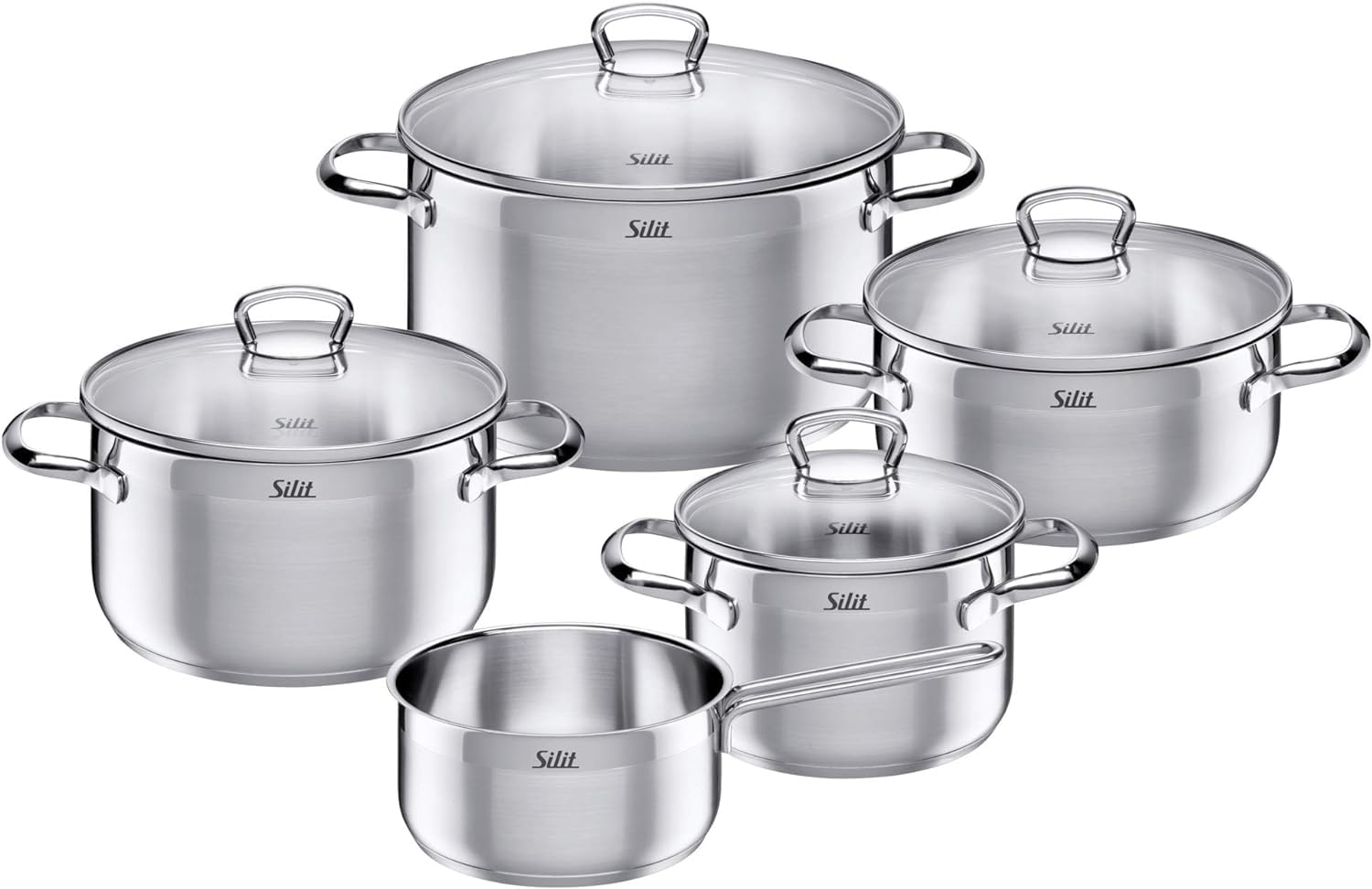Silit Toscana - Batería de Cocina 5 Piezas de Acero inoxidable Parcialmente Mate, Tapas de Cristal, Aptas para Todo Tipo de Cocinas