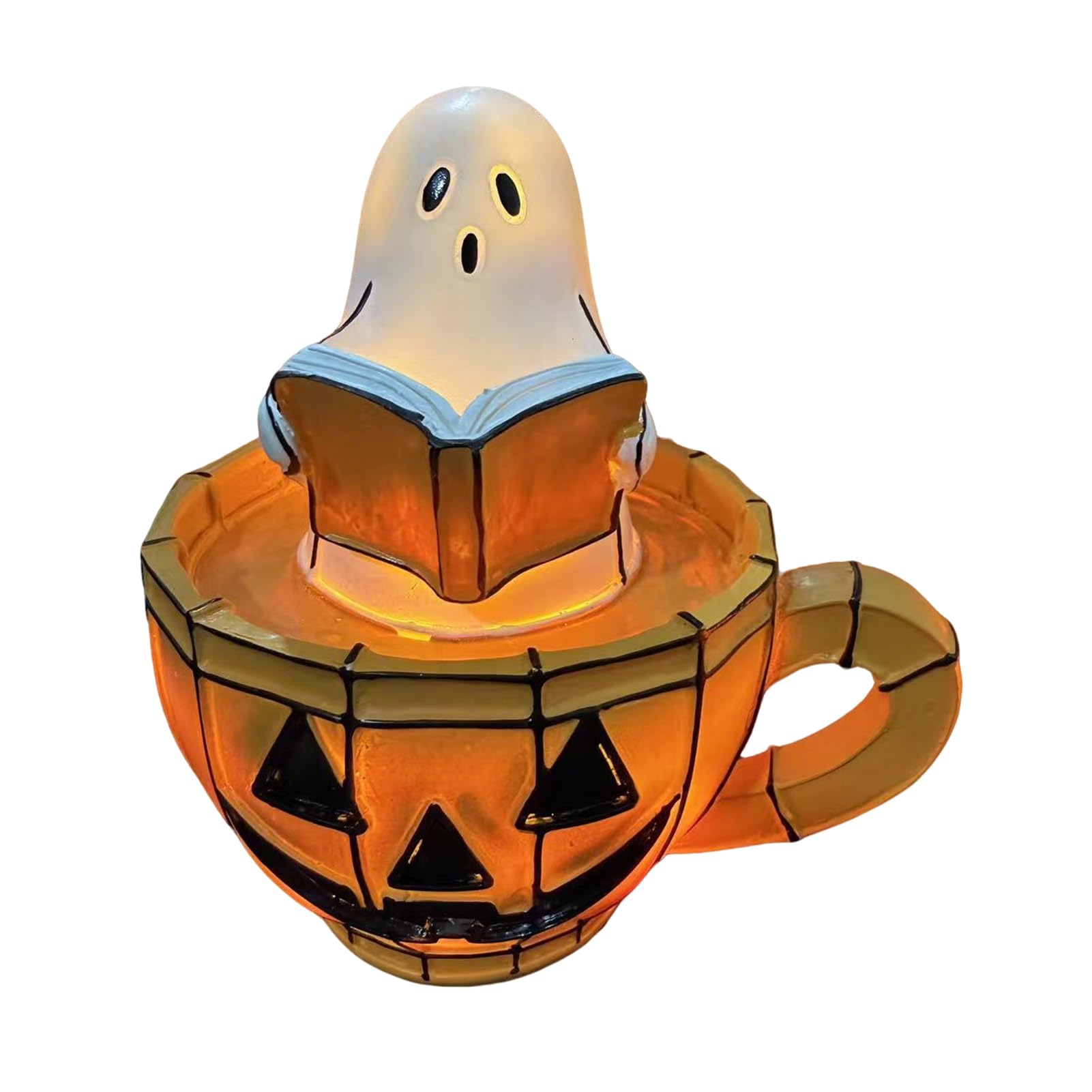 locwanot Ghost Reading Book Lamp, Stained Glass Style Halloween Night Light, Resin Spooky Pumpkin Ghost Bedside Lamp, USB Powered Decor Lampes for Bedroom, Living Room, Halloween Party A