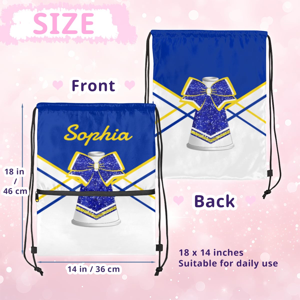 Funky Qiu Personalized Cheer Drawstring Backpack Customized Sport Grip Bag,Lightweight Drawstring Bag for Girls,Custom Name Cheerleader Gift Yellow Blue Cheerleading