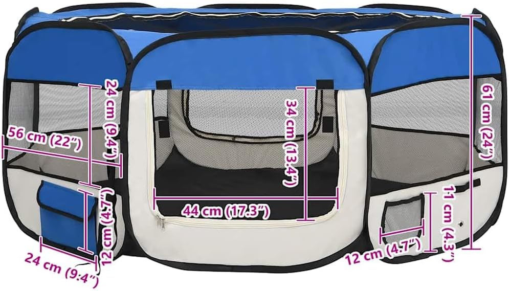 vidaXL Foldable Dog Playpen - Portable Training and Play Area with Carrying Bag - Ideal for Home and Travel - Blue Polyester with Steel Frame - 57.1"x57.1"x24" Size