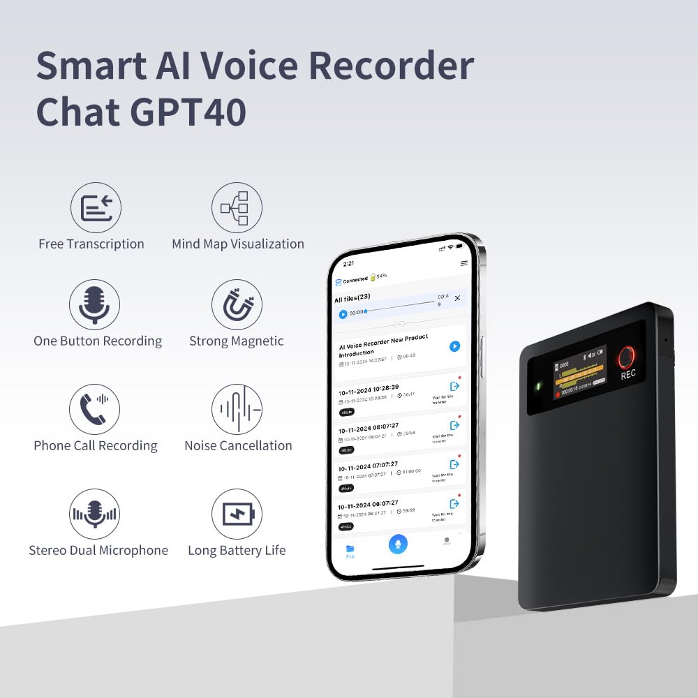 AI Voice Recorder,Note Voice Recorder, App Control, Transcribe & Summarize with AI Technology, Support 112 Languages, 64GB Memory, Audio Recorder for Lectures, Meetings, Calls, Black