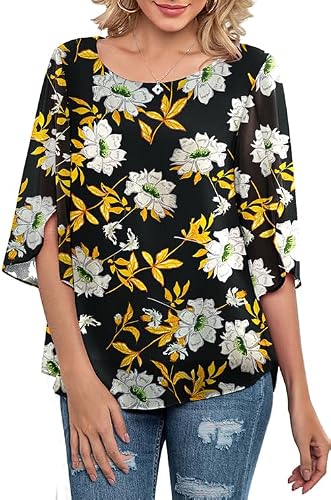 Neineiwu Women's Floral Chiffon Blouse 3/4 Ruffle Sleeve Dressy Casual Top