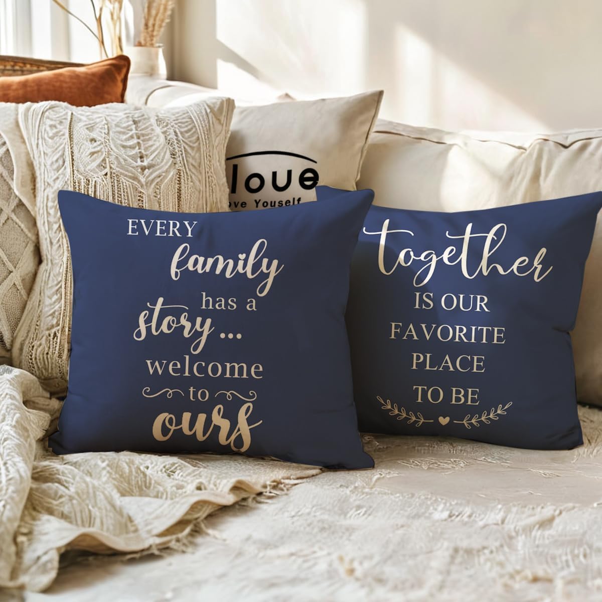 ULOVE LOVE YOURSELF Home Quotes Throw Pillow Covers Farmhouse Decorative Cushion Cover 18 x 18 Inch Rustic Family Words Country Decor Pillowcases Set of 4 for Sofa Couch Porch (Blue) - Image 5