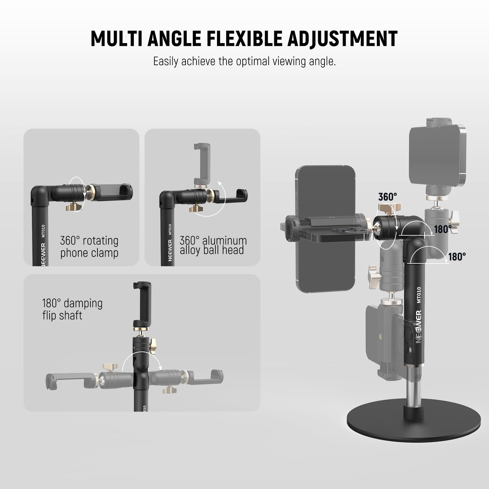 NEEWER Tisch Handyhalterung Klemme verstellbare Telefonhalterung für den Bürotisch kompatibel mit iPhone Samsung für Video und Filmaufnahmen 360°Kugelkopf klappbarer Arm beschwerter Metallsockel,MT010