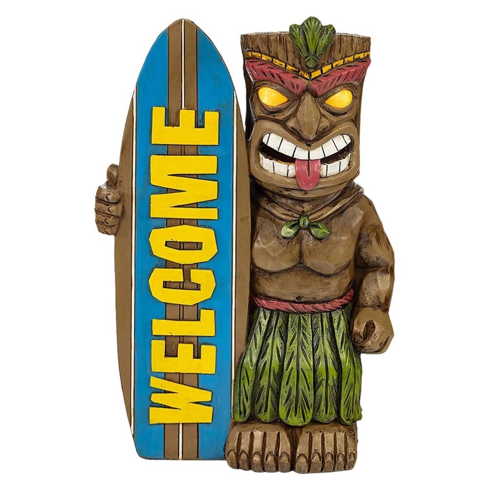 GANAZONO Tiki Welcome Surfboard Solar Powered LED Outdoor Decor Garden Light Resin Garden Tiki Statues Tropical Hawaiian Table Decoration for Birthday Housewarming Welcome Party
