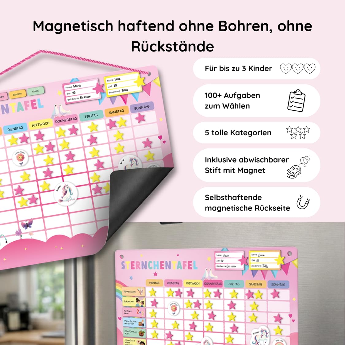 Rabano Belohnungstafel für Kinder – [400 Magnete + über 100 Aufgaben] - Belohnungssystem - Routine Planer & Wochenplaner Kinder, Haushaltsplan (Einhorn)