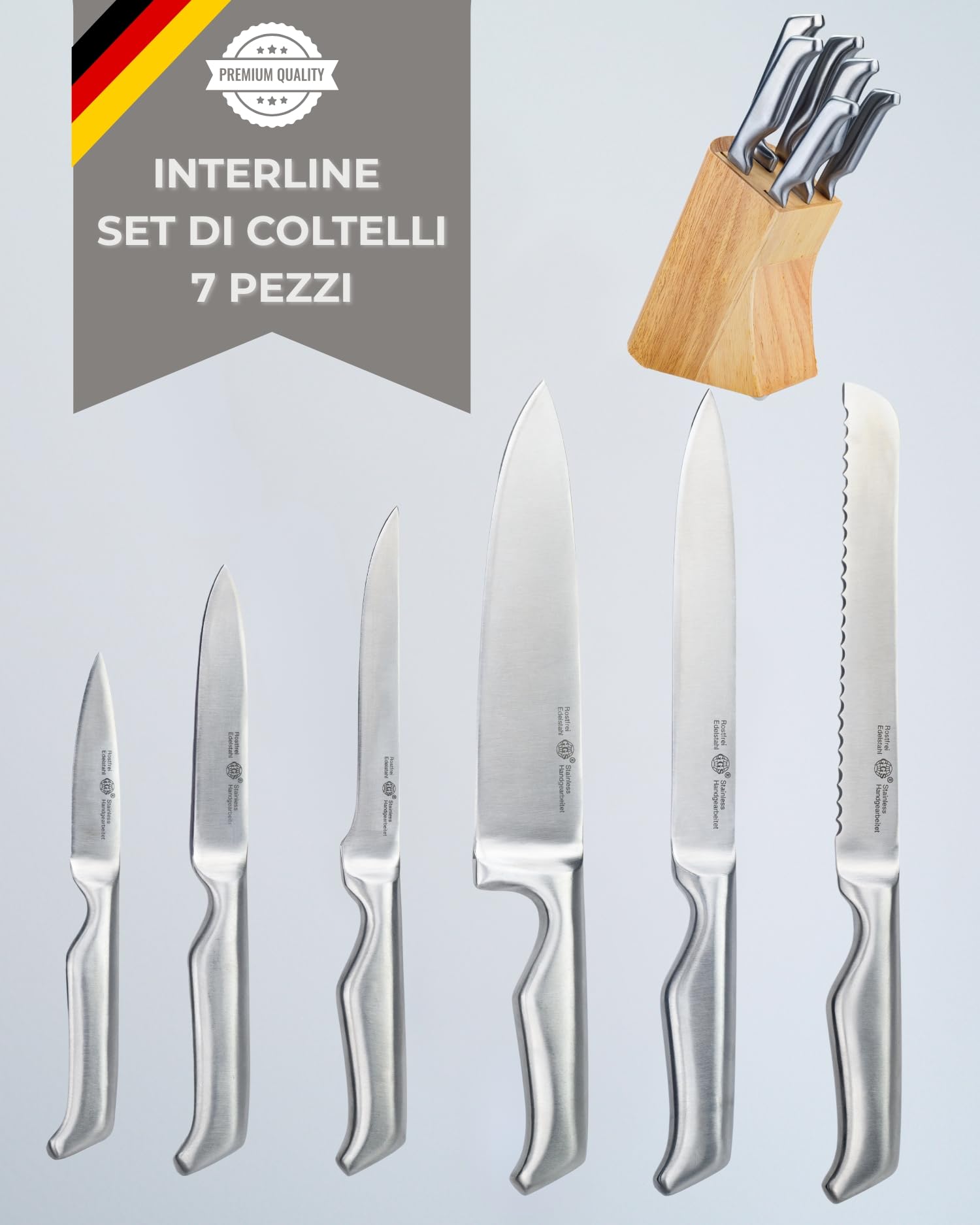 GGS Set Coltelli Cucina con Ceppo Portacoltelli 7 Pezzi – Acciaio Inox Monoblocco Senza Giunzioni, Temprati a Ghiaccio, Lavabili in Lavastoviglie, Impugnatura Ergonomica in Acciaio, Coltelli multiuso