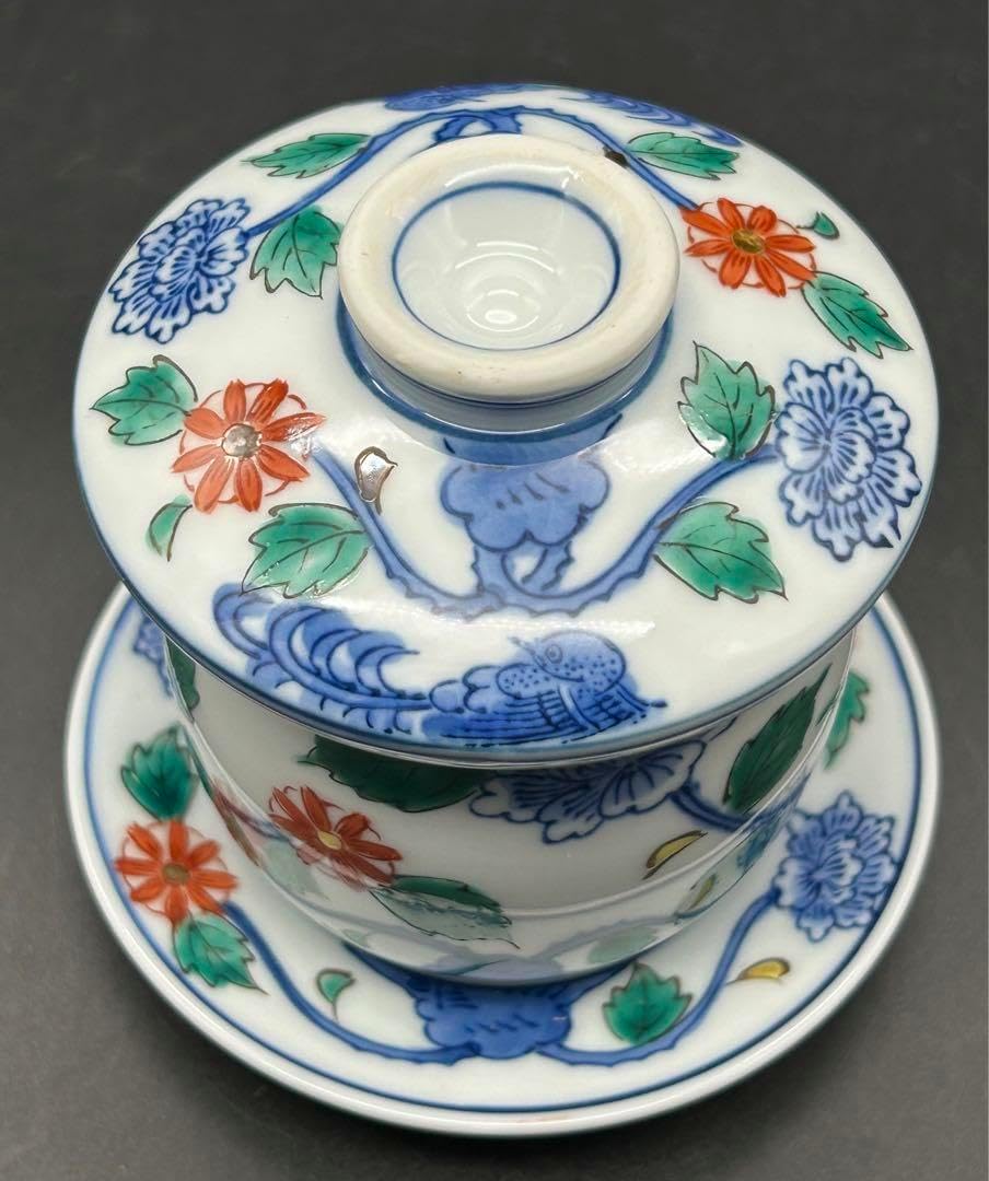 ☆有田焼 竹斎窯 古伊万里 染錦花鳥柄 蓋付長筒茶碗＆スプーン＆台 