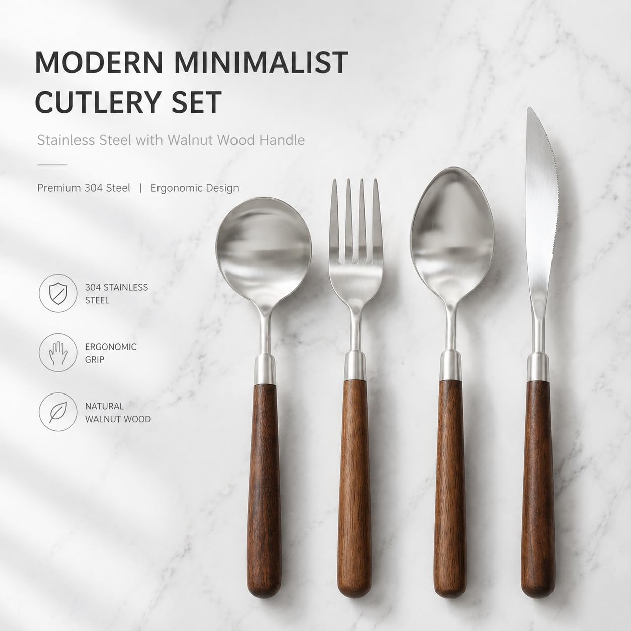 Natural Walnut Wood Handle Silverware Set, Set of 4 Pieces — Amazon image 2