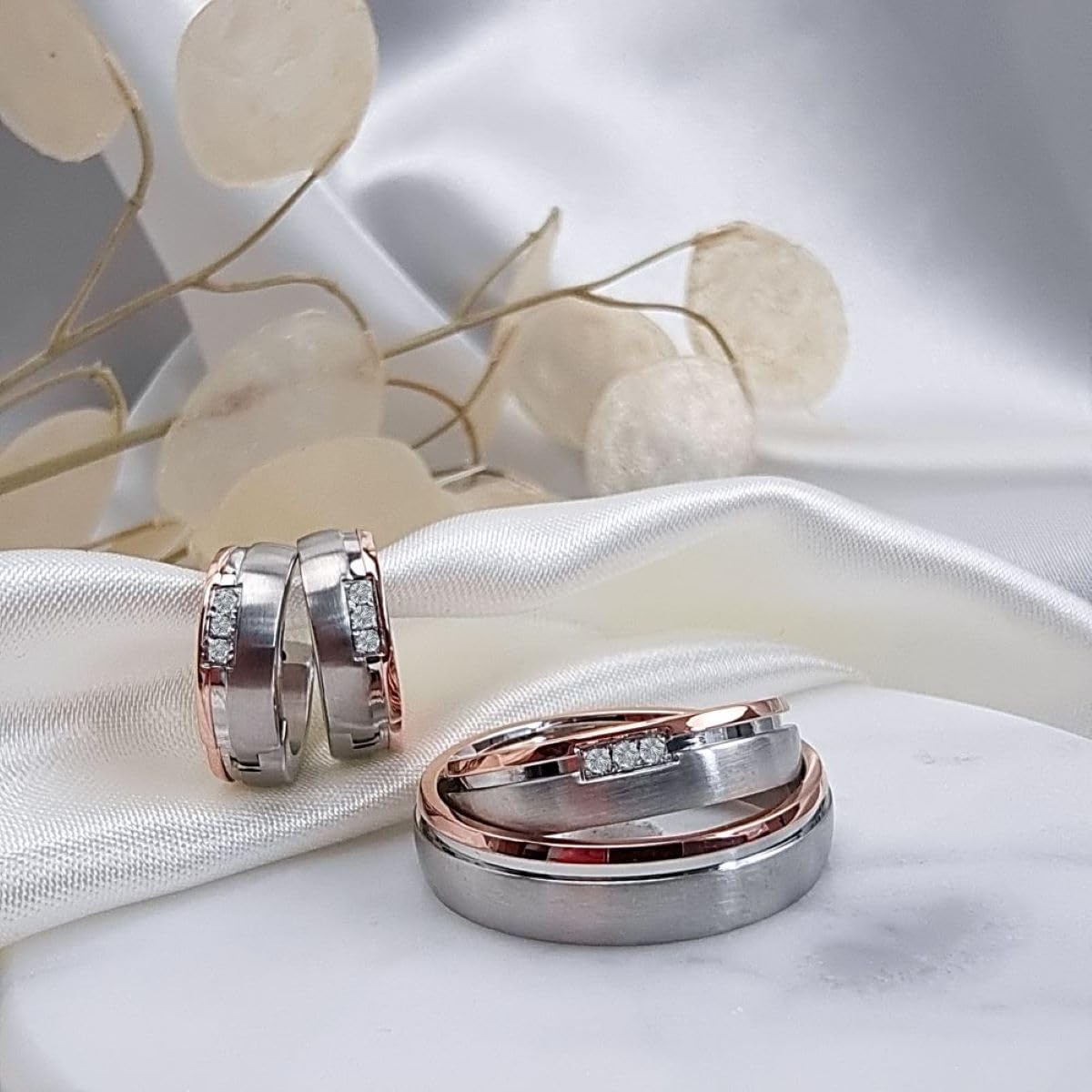 DOOSTI Ring für Damen Herren Partnerring Edelstahl Bicolor Silber Rosegold ohne/mit Zirkonia Ehering Trauring Freundschaftsring Hochzeit Ring Frau Mann