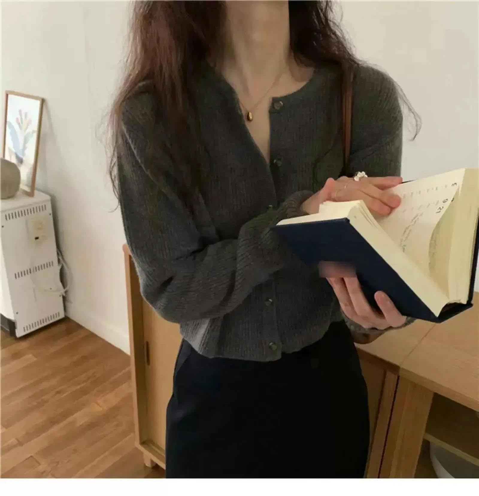Abbigliamento Donna Cardigan Maglia A Maglia Maglione Femminile Spring E Versione Autunnale della Camicetta Grigia Sciolta di Lana Corta-Grigio-m