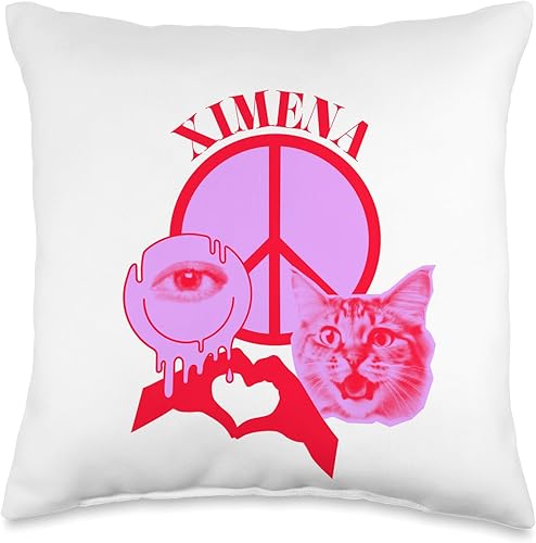 Ximena Name Personalized Peace and Karma Co. Personalized Ximena First Name I Love Retro Cat Mom Throw Pillow, 16x16, Multicolor