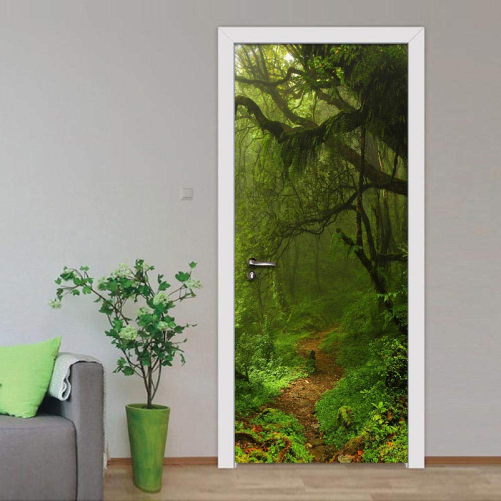 Autocollant de porte de forêt verte en poster trompe-l'œil