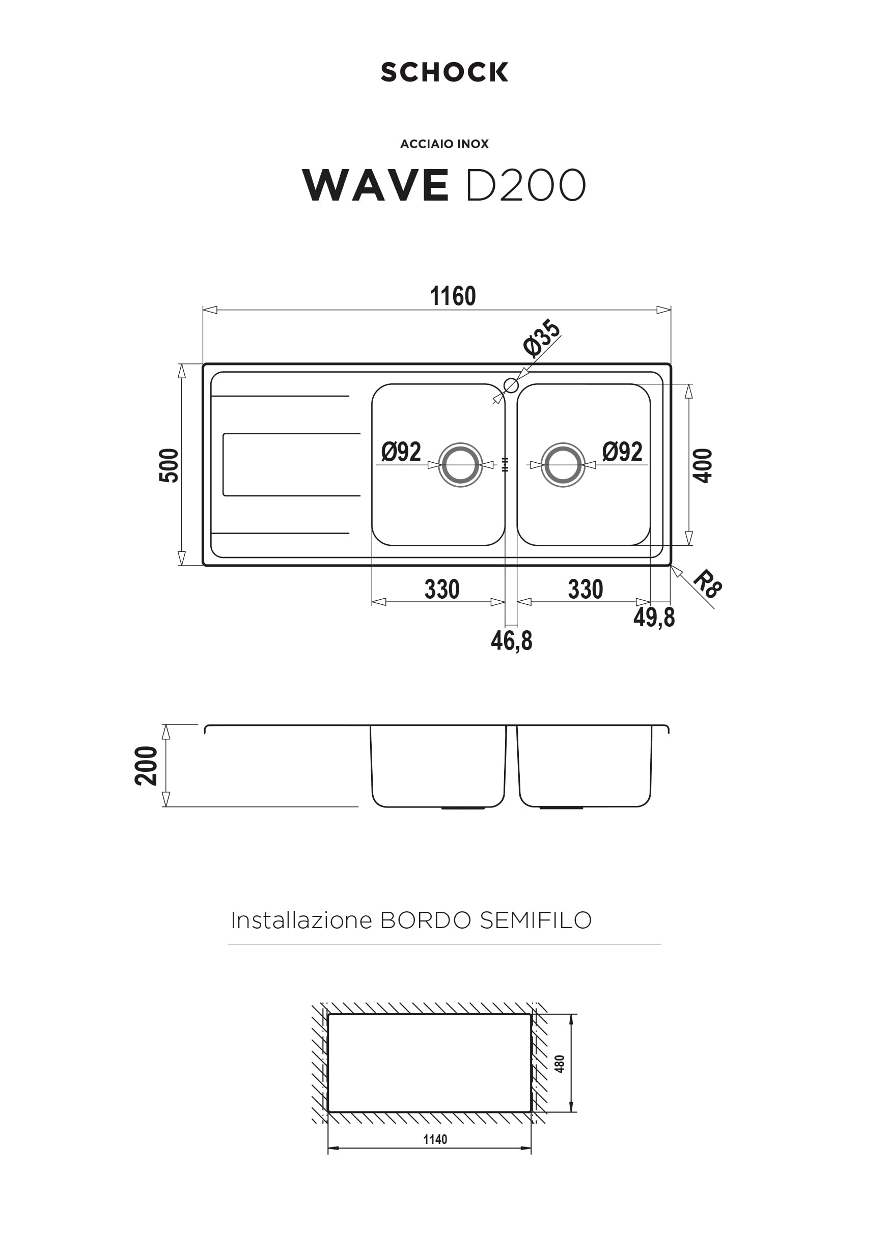 SCHOCK | Lavello Cucina Wave D200 2 Vasche con Gocciolatoio, Vasche Destre, Lavello in Acciaio Inox con Guarnizione Preinstallata, 1160x500mm